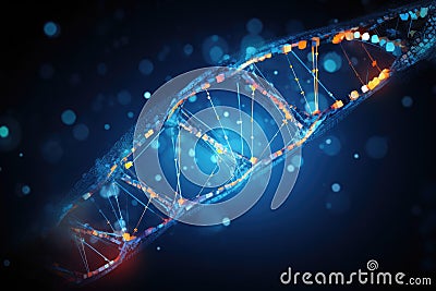 Digital illustration DNA structure on dark background. 3d rendering toned image, code of genetic human Spiral DNA polygonal, AI Cartoon Illustration