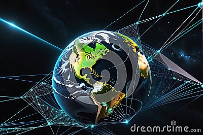 Digital Illustration of the Earth Enveloped in a Web of Neural Network Connections: Each Line Glowing with Information Flow Cartoon Illustration