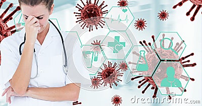 Digital illustration of a female doctor crying over macro Coronavirus Covid-19 cells and medical ico Cartoon Illustration