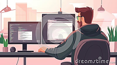 A digital illustration of a focused programmer wearing glasses and a hoodie, working on dual monitors. Generative AI Cartoon Illustration