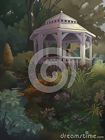 A digital illustration of gazebo in a fantasy garden with colourful flowers and trees scenery Cartoon Illustration