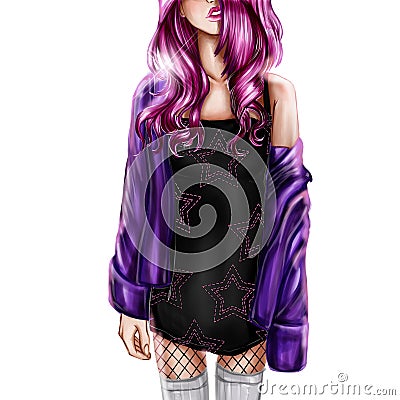 Digital Illustration of girl with pink hair Stock Photo