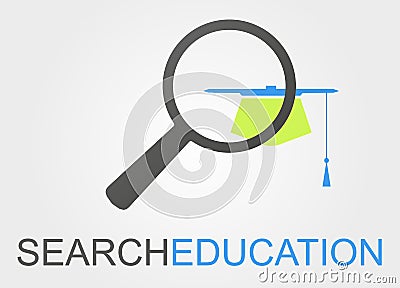 Digital illustration of a graduation cap and a magnifying glass with text Search Education`` Cartoon Illustration