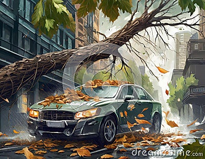 Autumn rainstorm in the city Cartoon Illustration