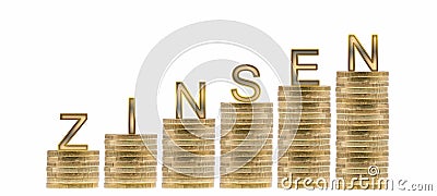 Digital illustration of growing stacks of gold coins with the german word "zinsen" meaning interest Cartoon Illustration