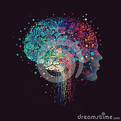 Human Brain Illustration, Rainbows, Glitter, Autism, Neuro Diversity Cartoon Illustration