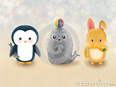 Cute Penguin, Seal and Rabbit animals background Cartoon Illustration