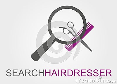 Digital illustration of a magnifying glass, a comb and scissors with text Search Hairdresser`` Cartoon Illustration