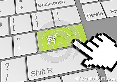 Digital illustration of a mouse clicking on a green cart keyboard button for online shopping Cartoon Illustration