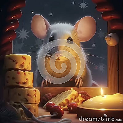 Mouse peering through hole to find cheese. Created using ai generative. Cartoon Illustration