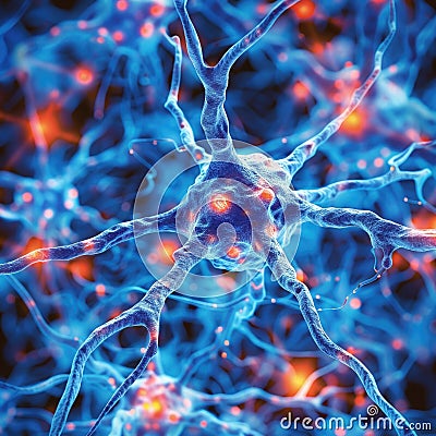 Digital illustration of neural synapses with vibrant glows representing neural activity and brain function. Cartoon Illustration