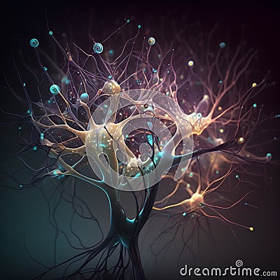 Digital illustration of neuron cell in colour background. 3D rendering Cartoon Illustration