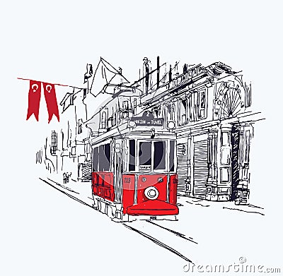 Digital illustration of the nostalgic red tram in Istiklal Avenue, Istanbul Vector Illustration