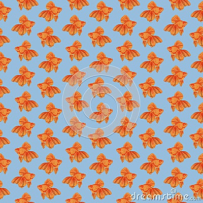 Digital illustration of orange detailed aquarium goldfish seamless pattern on blue background Cartoon Illustration