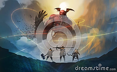 Digital illustration painting design style group of warriors encounter red demon from hell, against the moon with midnight, trying Cartoon Illustration