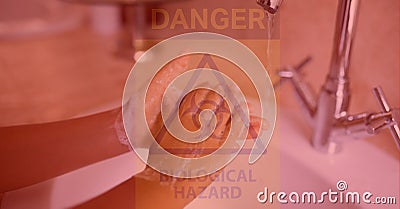 Digital illustration of a person washing hands over a danger hazard sign with a Biological hazard si Cartoon Illustration