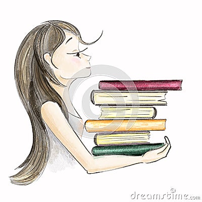 Cute cartoon girl with a stack of books Cartoon Illustration