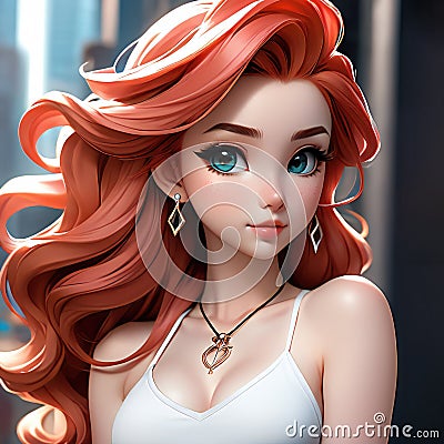 Digital Illustration Of A Red Haired Cute Girl Stock Photo