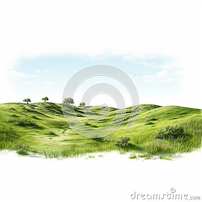 Lifelike Renderings Of Green Hill In White Background Cartoon Illustration
