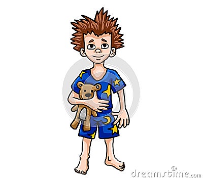 Sleepy Boy Holding A Teddy Bear Cartoon Illustration