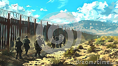 Digital Illustration of Soldiers Patrolling Near a Fence in a Desert Landscape, Evoking Adventure and Strategy. Concept Stock Photo
