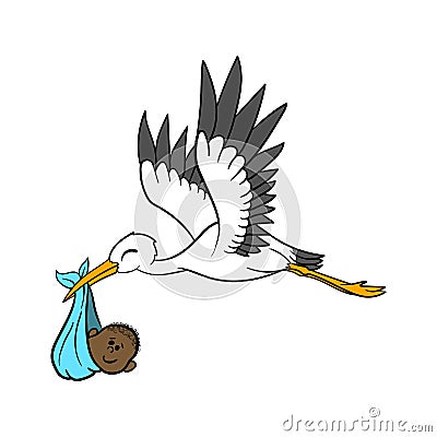 Digital illustration of a stork carrying a black male baby isolated on a white background Cartoon Illustration