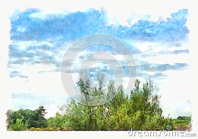 Digital illustration - suburban landscape in watercolor painting style Cartoon Illustration