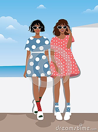 Digital illustration Two beautiful girlfriends model girls in glasses posing in dresses in nature Cartoon Illustration