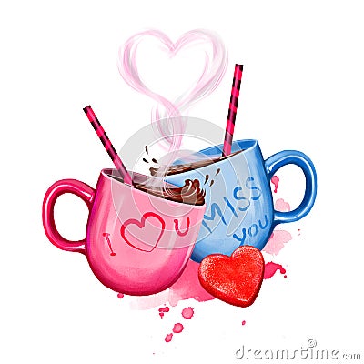 Digital illustration of two cups with hot cocoa drink. Cup design for couple: pink for her and blue for him. Heart of steam and Cartoon Illustration