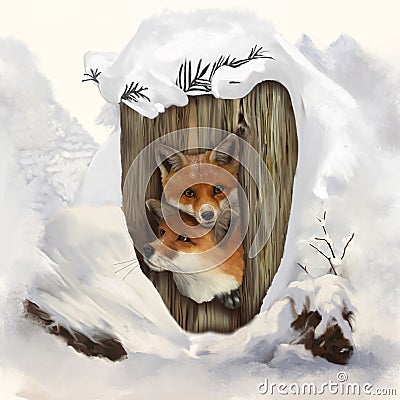 Digital illustration of two red foxes peeking out from inside a snow-covered trunk Cartoon Illustration