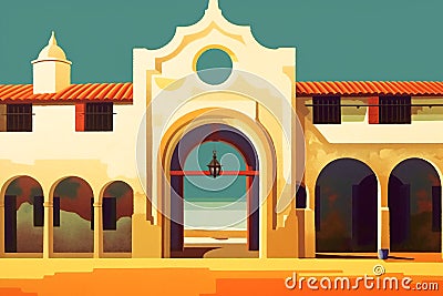 Digital illustration of typical Spanish architecture. Small town with white houses church on a hot summer day in bright sunlight. Cartoon Illustration