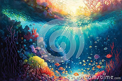 Digital illustration of underwater life, caribbean reef fishes. Sun rays through water, fantasy wallpaper Cartoon Illustration