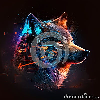 Digital illustration of a wolf with headphones listening to music on black background Cartoon Illustration