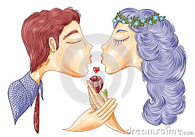 Couple from profile kissing, with flower in their hands Cartoon Illustration