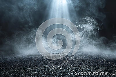 Digital image of abstract black background with spotlight on empty asphalt floor, smoke and fog for display your products or Cartoon Illustration