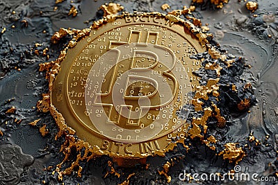 Digital image of bitcoin logo made of gold, with a black background containing binary code. Cartoon Illustration