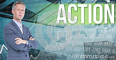 Digital image of businessman standing by action text against graphs and numbers Stock Photo