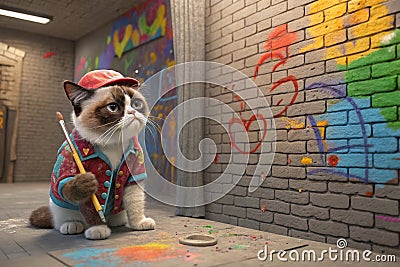 digital image of a 3d model of a whimsical, quirk, grumpy cat, dressed up and working as a painter, sorrowed by three walls made Stock Photo