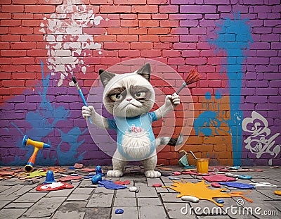 digital image of a 3d model of a whimsical, quirk, grumpy cat, dressed up and working as a painter, sorrowed by three walls made Stock Photo