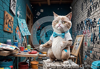 digital image of a 3d model of a whimsical, quirk, grumpy cat, dressed up and working as a painter, sorrowed by three walls made Stock Photo