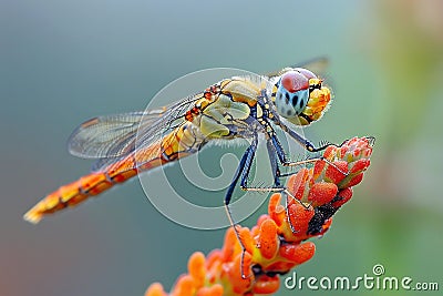 Digital image of dragonfly perched on the tip of an object, macro photography, color photo, high definition, macro lens Cartoon Illustration