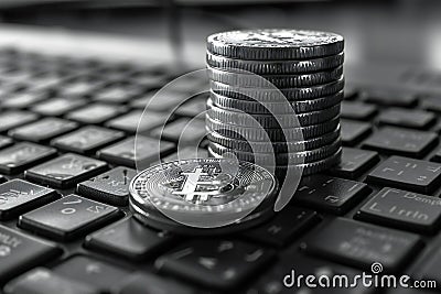Digital image of elegant stack of silver coins on the keyboard, featuring one coin with the bitcoin symbol. the background i Cartoon Illustration
