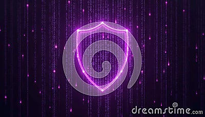 Neon Pink Shield Icon With Binary Code Cascading Down On Deep Violet Background For Cybersecurity Stock Photo
