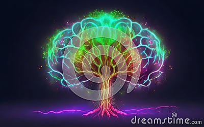 A digital image, a glowing brain-shaped tree, and psychedelic artwork. Stock Photo