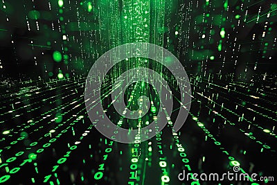 Digital image of green code matrix background, on a computer screen, binary code falling down the centre of a black canvas, i Cartoon Illustration