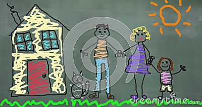 Digital image of hand drawn family painting and house against grey background Stock Photo