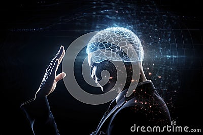 digital image of human brain cells controlled by a hand. Generative AI Stock Photo