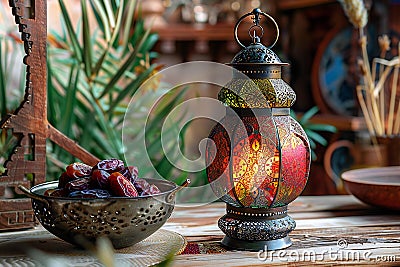 Digital image of the lantern is next to a bowl of dates, high quality, high resolution Cartoon Illustration