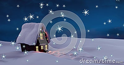 Digital image of multiple glowing stars falling against house covered in snow Stock Photo