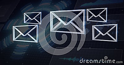 Digital image of multiple message icons floating against round scanner on blue background Stock Photo
